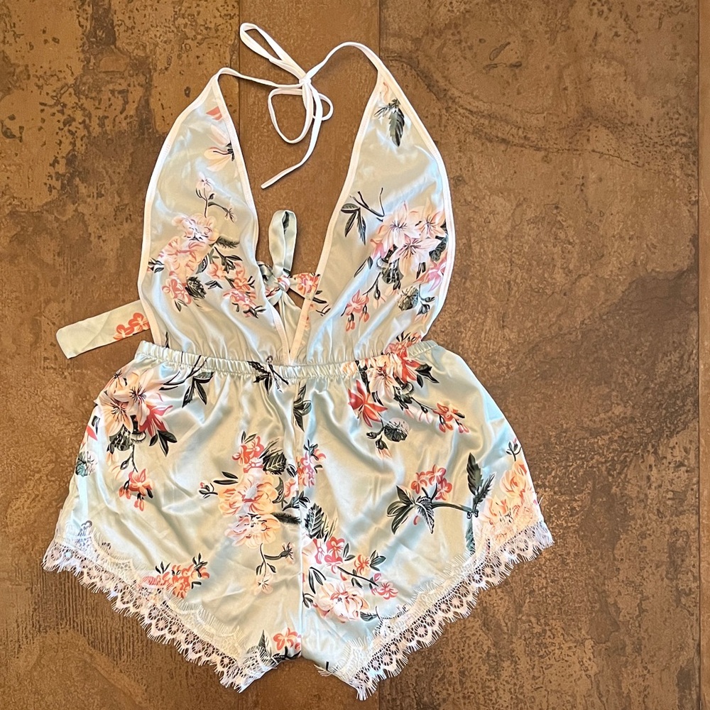 NWOT Floral Satin Backless Halter Romper with Lace Trim Mint Green - Picture 2 of 3